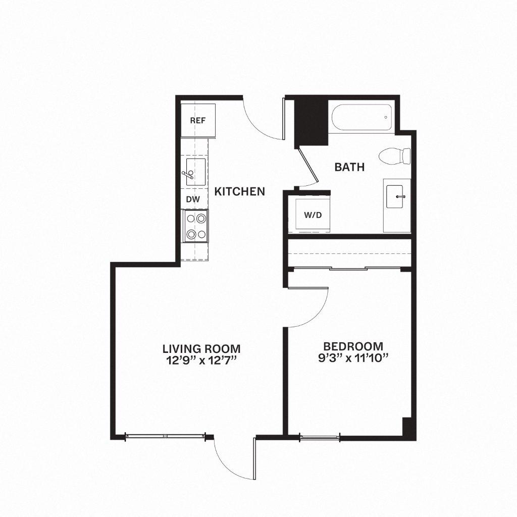 Floor plan for 1 bed, 1 bath, 530 sqft